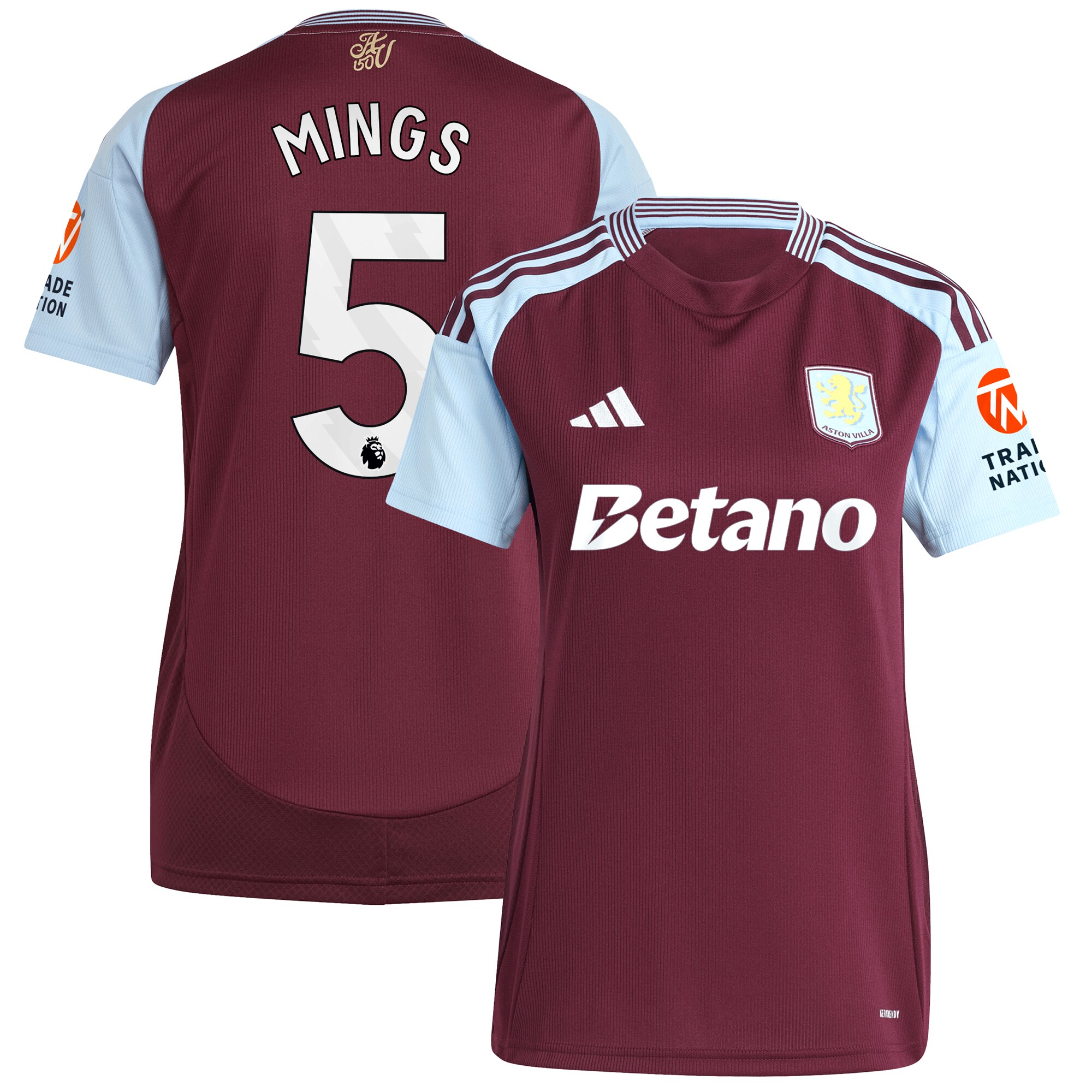 Aston Villa Shirts - aston villa adidas home shirt 2024-25 – womens with mings 5 printing Collection of Official Fan Gear