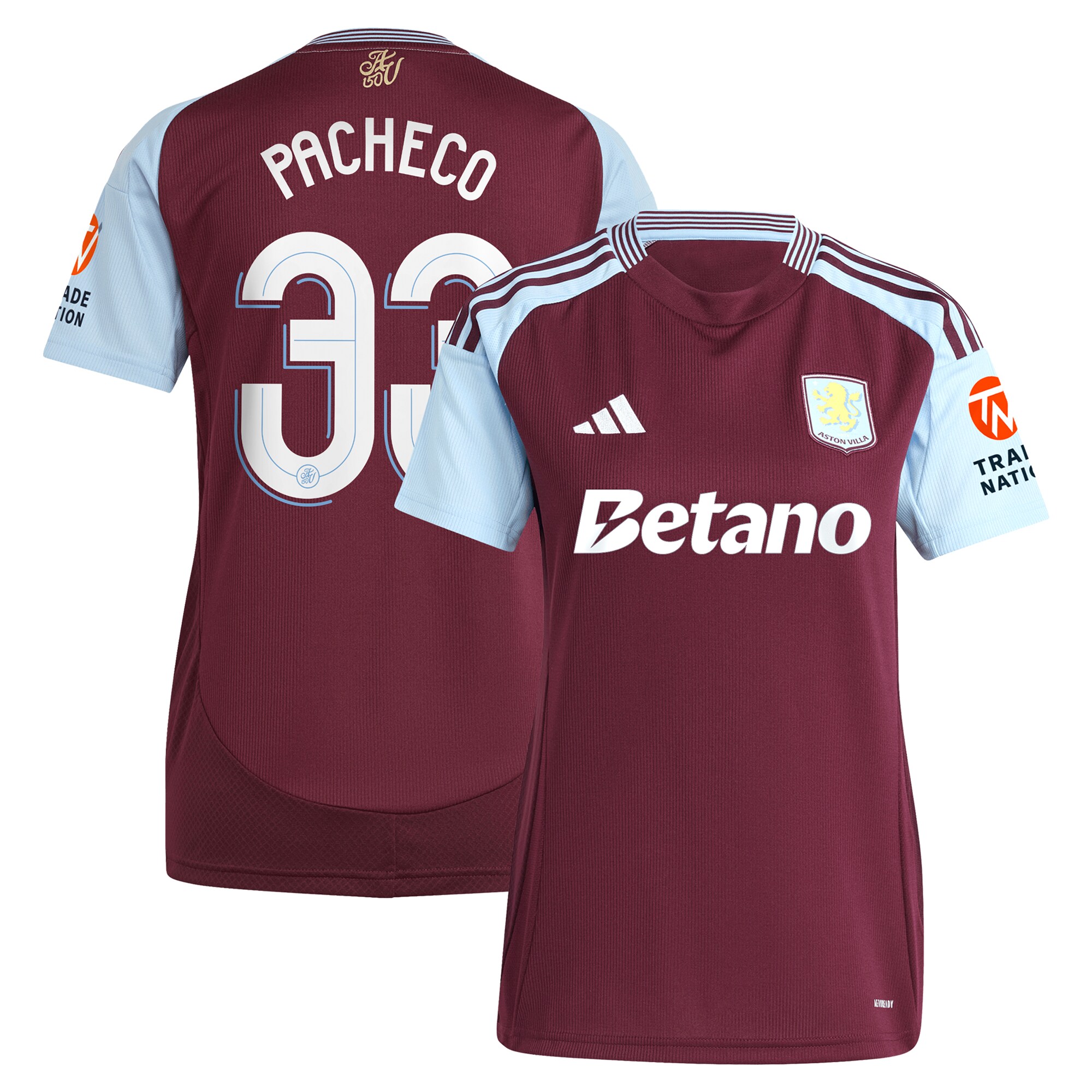 Aston Villa Shirts - aston villa adidas home shirt 2024-25 – womens with pacheco 33 cup printing Collection of Official Fan Gear