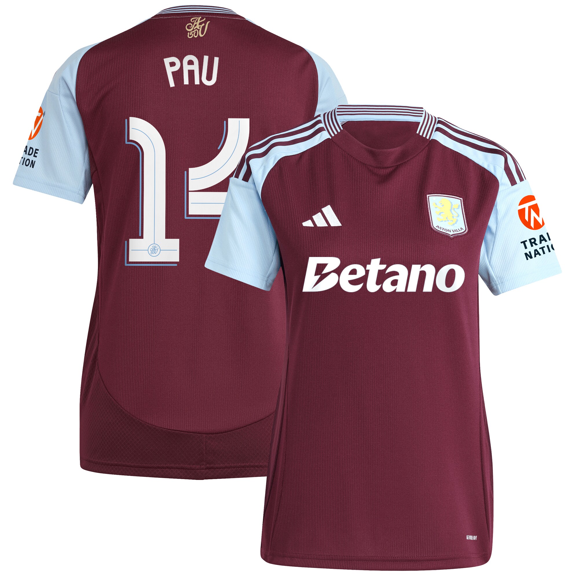 Aston Villa Shirts - aston villa adidas home shirt 2024-25 – womens with pau 14 cup printing Collection of Official Fan Gear