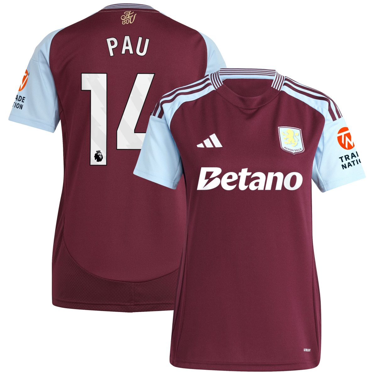 Aston Villa Shirts - aston villa adidas home shirt 2024-25 – womens with pau 14 printing Collection of Official Fan Gear