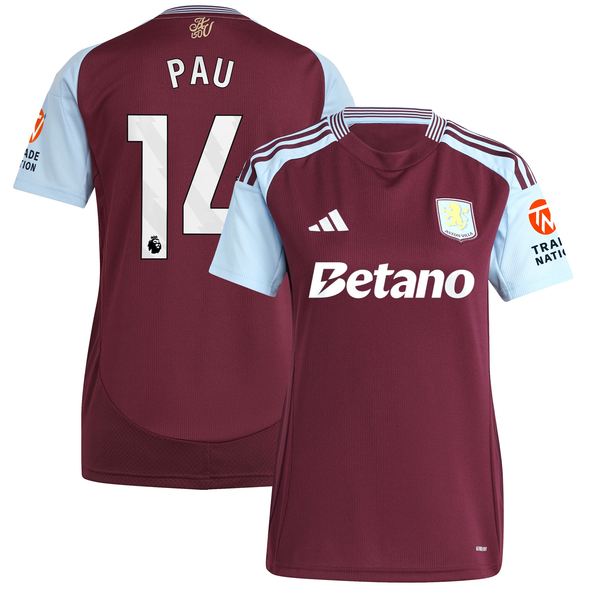 Aston Villa Shirts - aston villa adidas home shirt 2024-25 – womens with pau 14 printing Collection of Official Fan Gear
