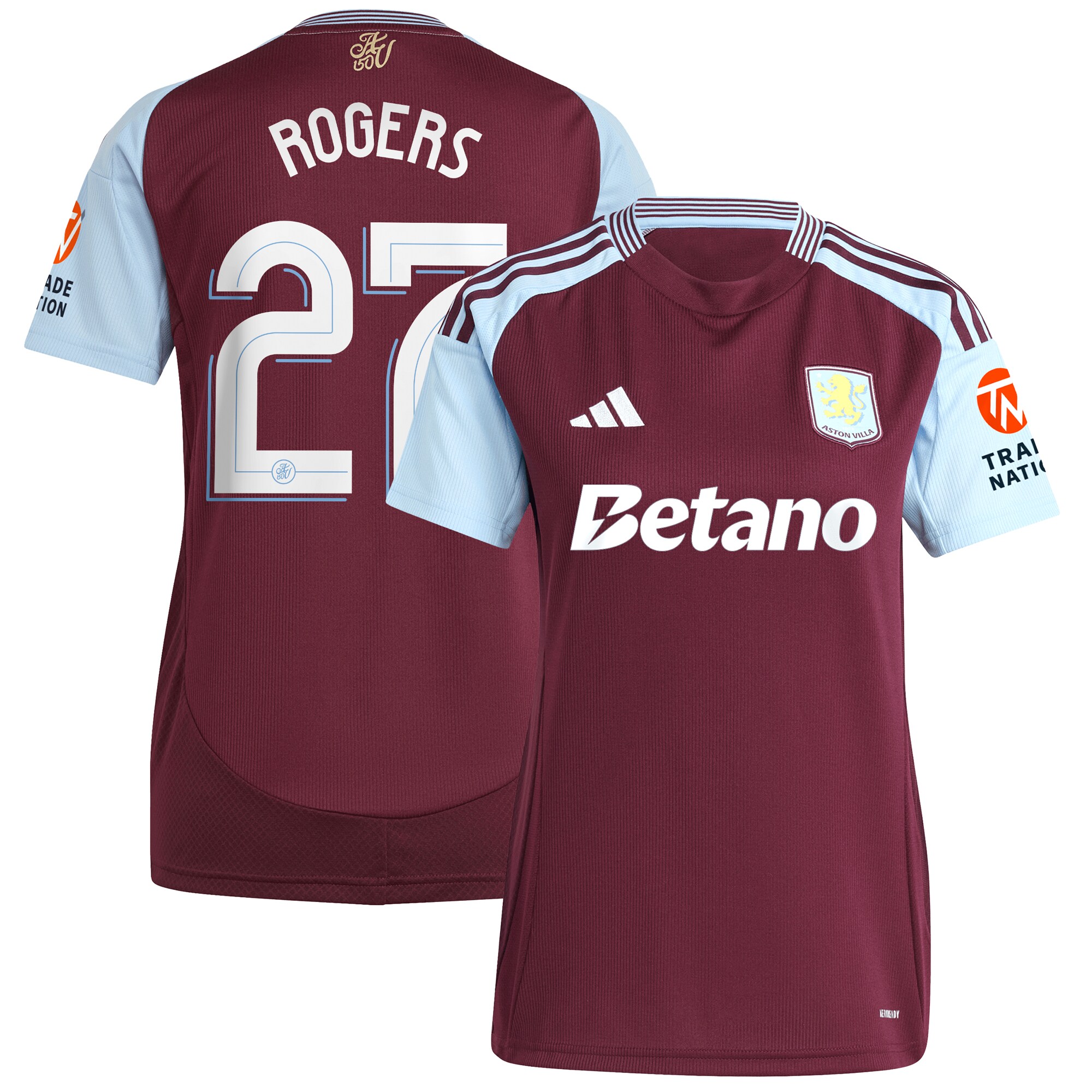 Aston Villa Shirts - aston villa adidas home shirt 2024-25 – womens with rogers 27 cup printing Collection of Official Fan Gear