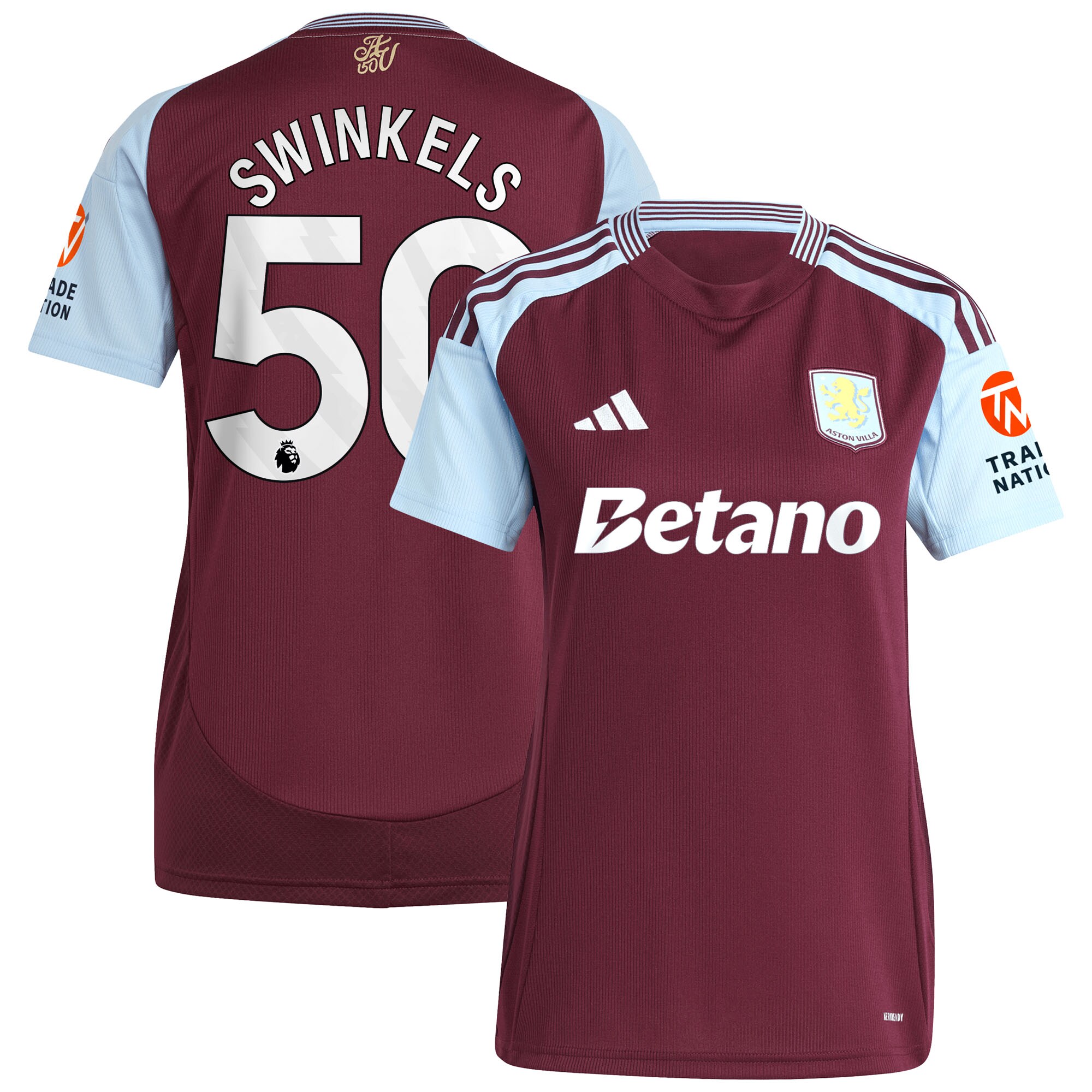 Aston Villa Shirts - aston villa adidas home shirt 2024-25 – womens with swinkels 50 printing Collection of Official Fan Gear
