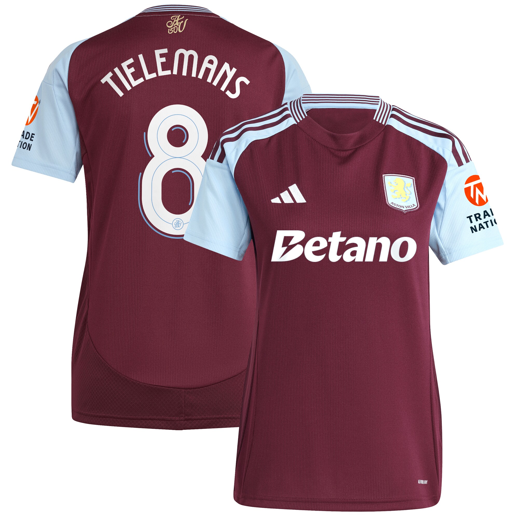 Aston Villa Shirts - aston villa adidas home shirt 2024-25 – womens with tielemans 8 cup printing Collection of Official Fan Gear