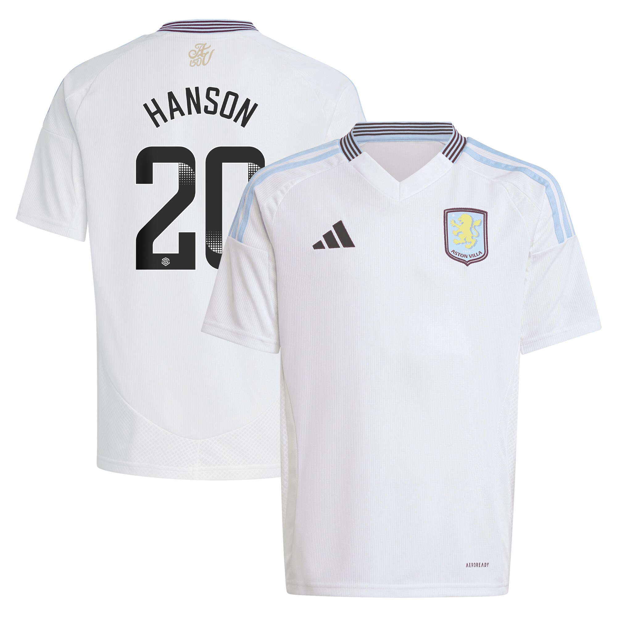 Aston Villa Shirts - aston villa wsl adidas away shirt 2024-25 – kids with hanson 20 printing Collection of Official Fan Gear