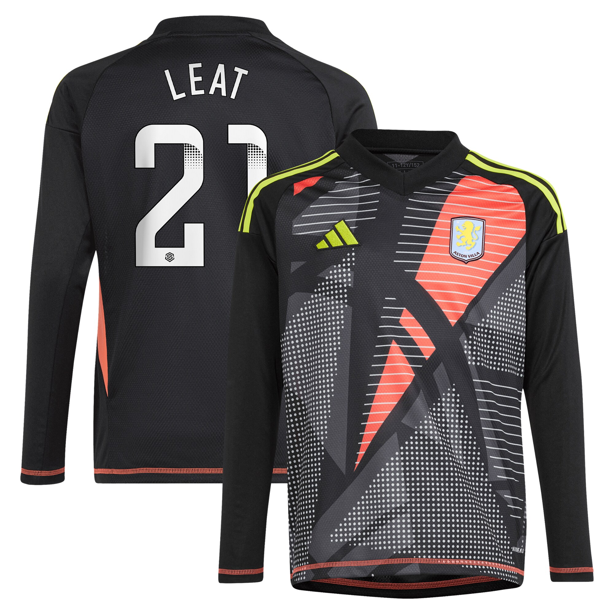 Aston Villa Shirts - aston villa wsl adidas goalkeeper shirt 2024-25 – long sleeve – kids with leat 21 printing Collection of Official Fan Gear