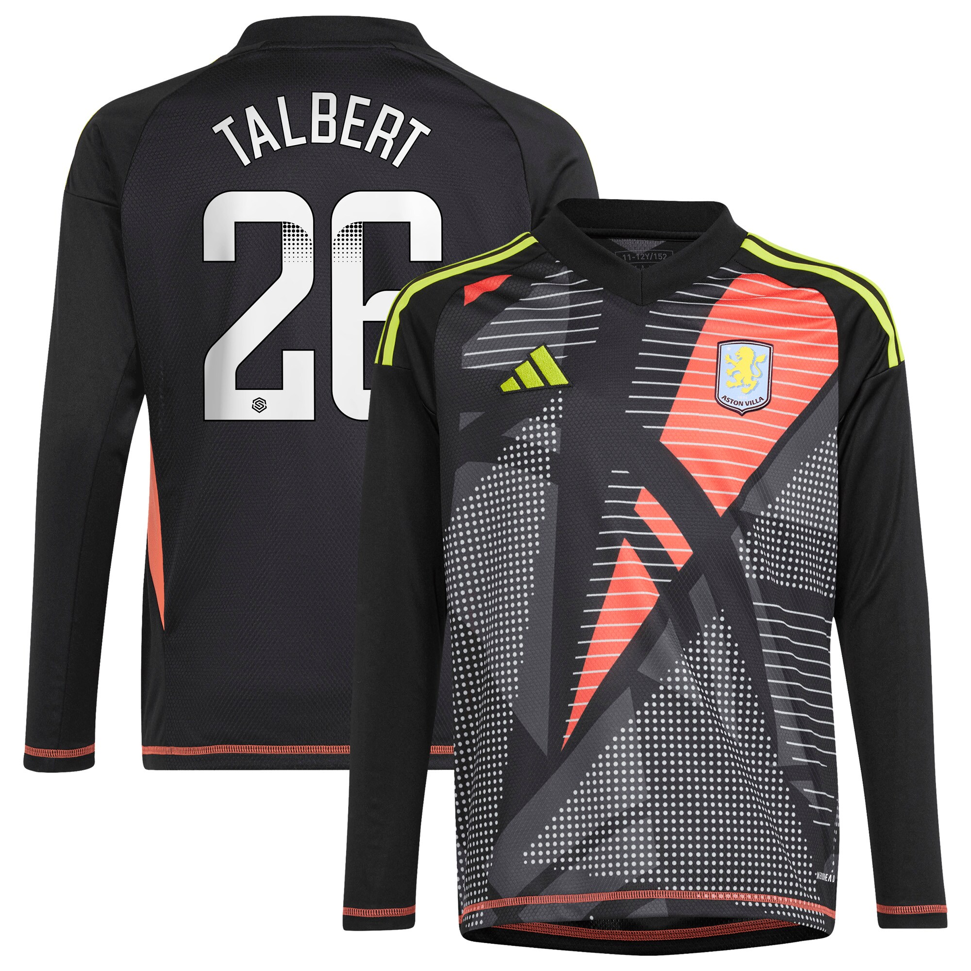 Aston Villa Shirts - aston villa wsl adidas goalkeeper shirt 2024-25 – long sleeve – kids with talbert 26 printing Collection of Official Fan Gear