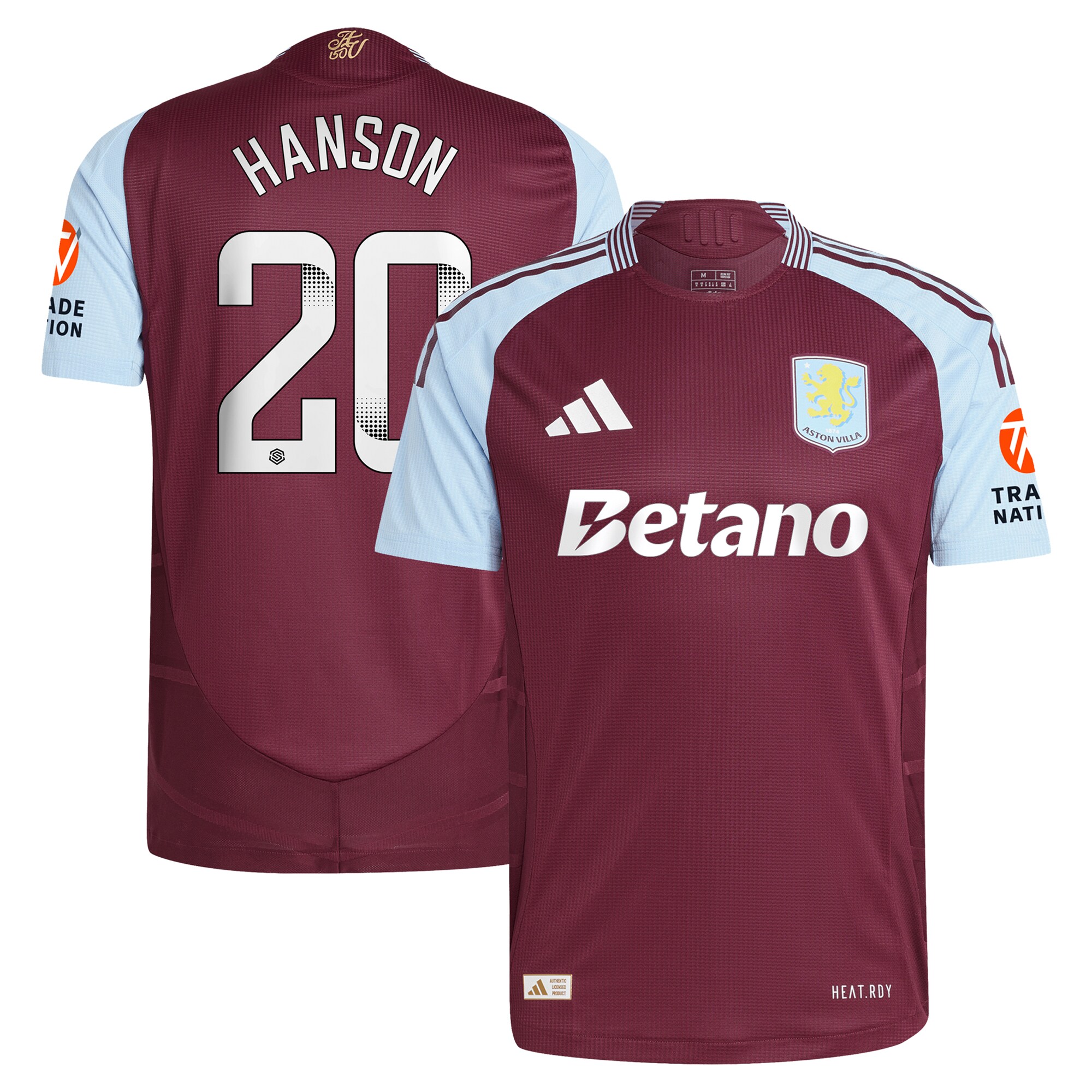Aston Villa Shirts - aston villa wsl adidas home authentic shirt 2024-25 with hanson 20 printing Collection of Official Fan Gear